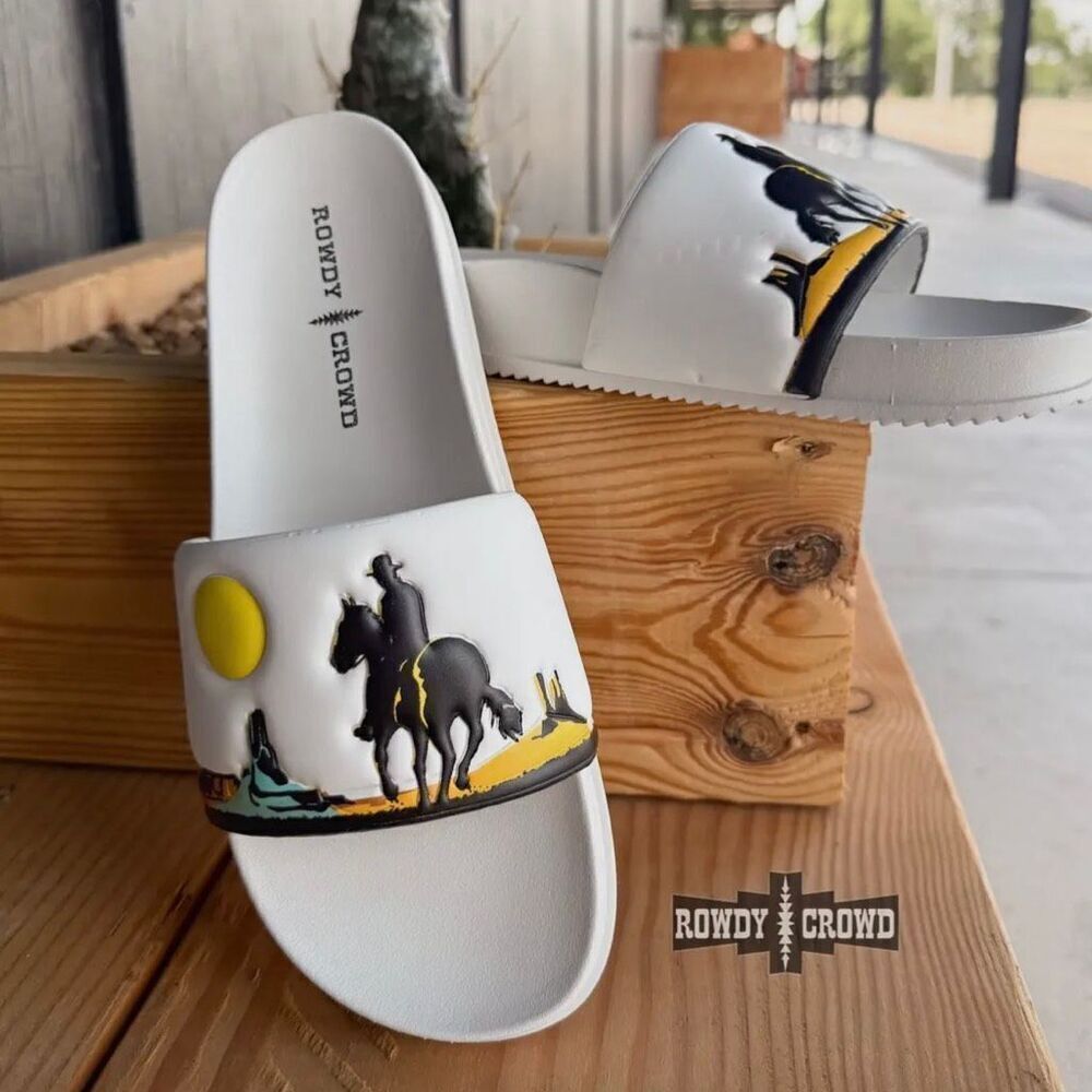 Western Slide Sandals – Cowboy & Dog Desert Scene, White Comfort Slides
